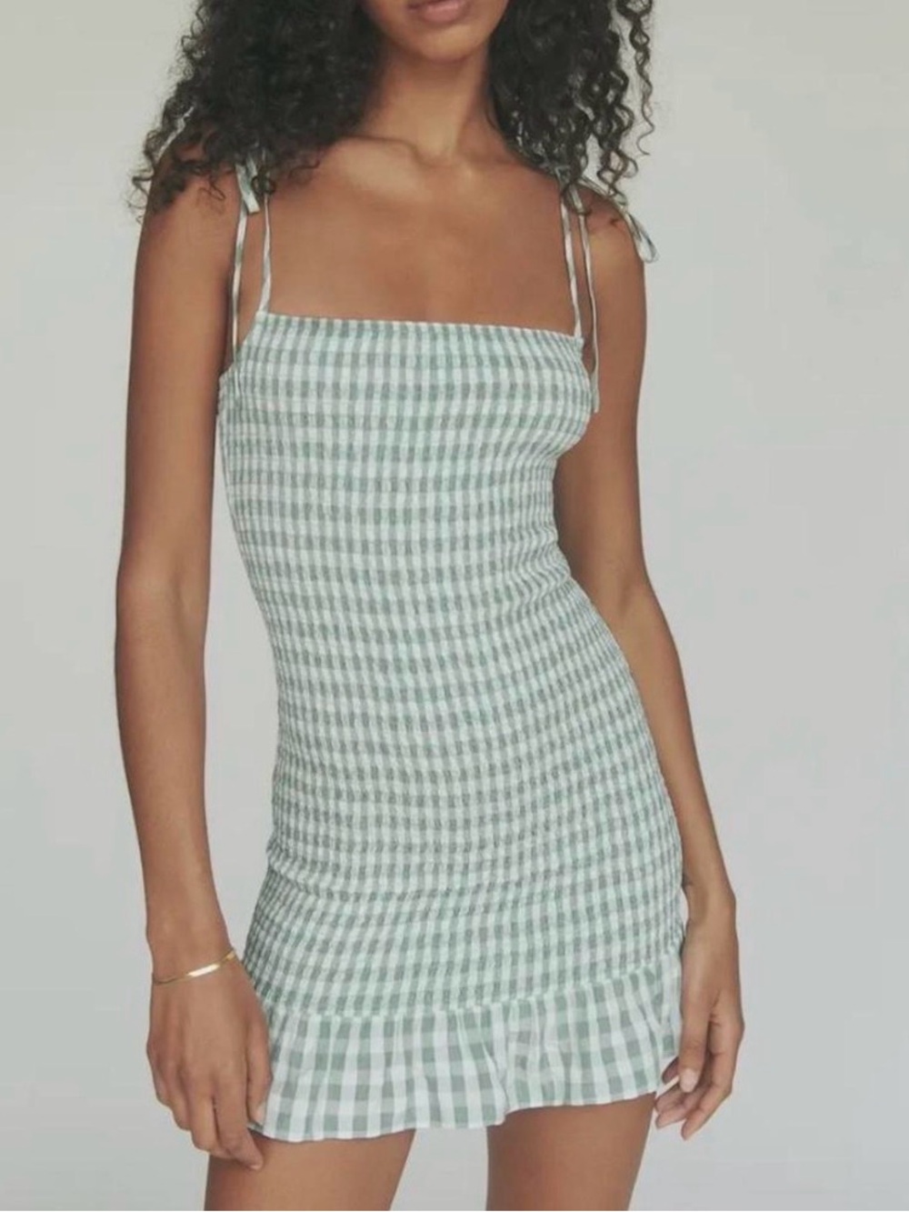 Reformation Smocked Green Gingham Mini Dress